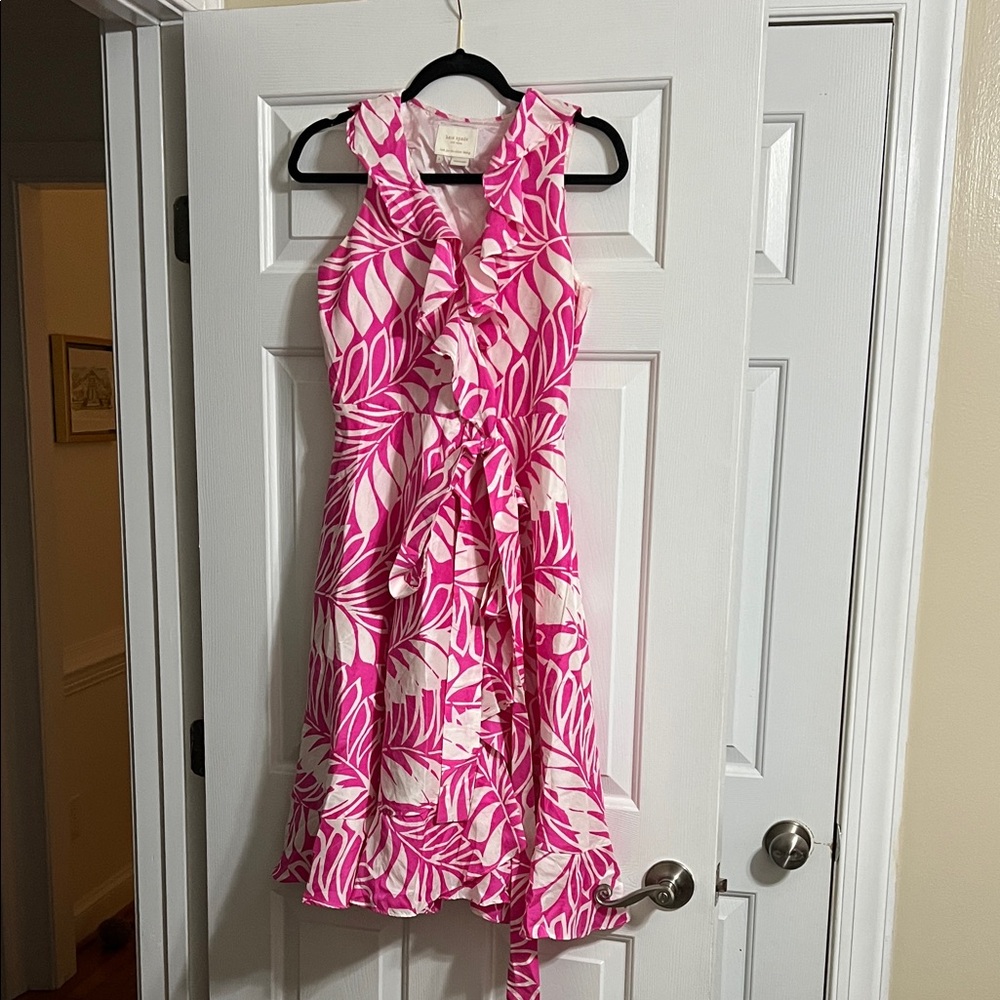 Kate Spade Pink and Cream Silk Ruffle V Neck Midi Wrap Dress with Tie Size 4